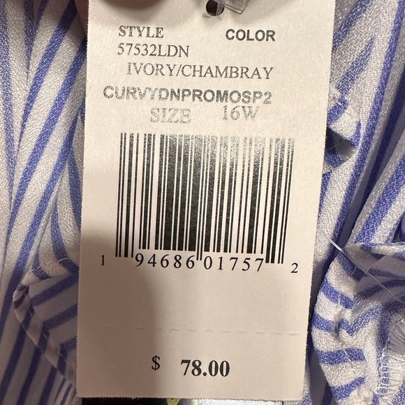 DN Design Women’s Blue & White striped chambray ruffled front dress. Sz 16W - Picture 4 of 9